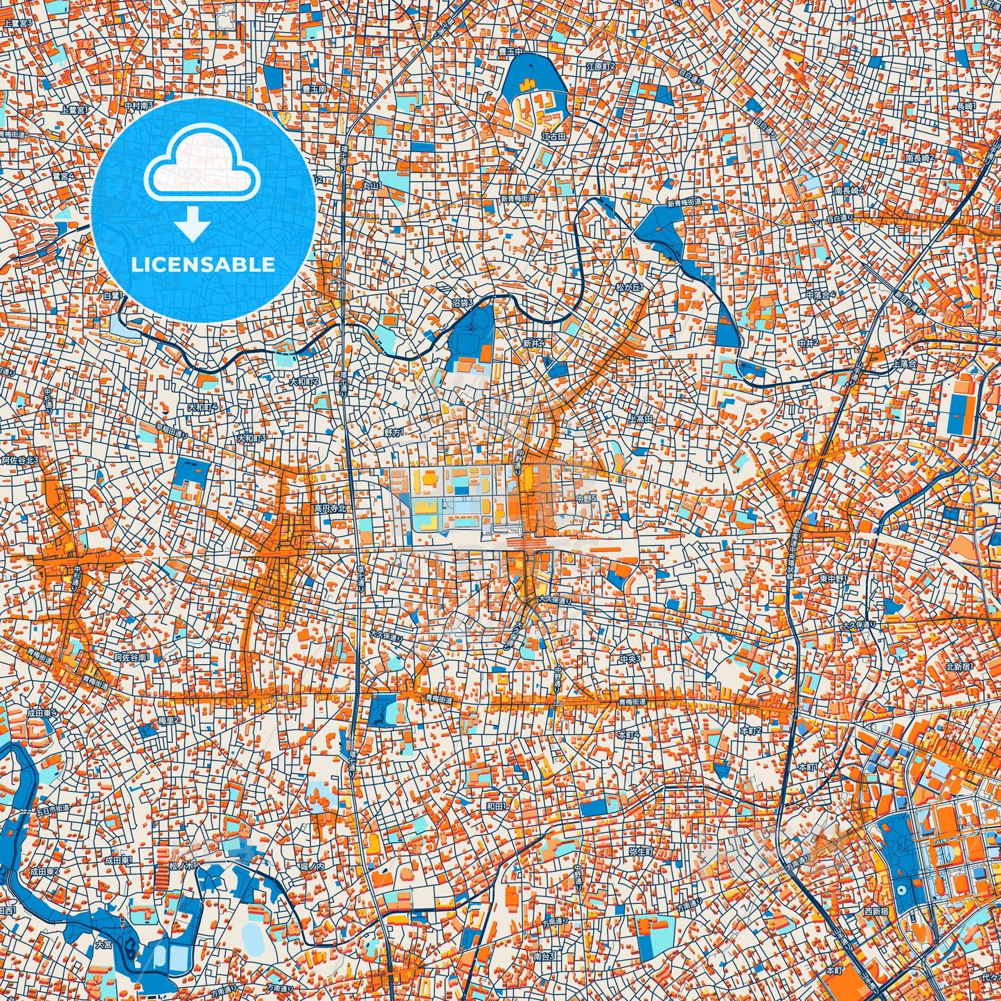 Colorful Nakano Street Map with Labels and Buildings