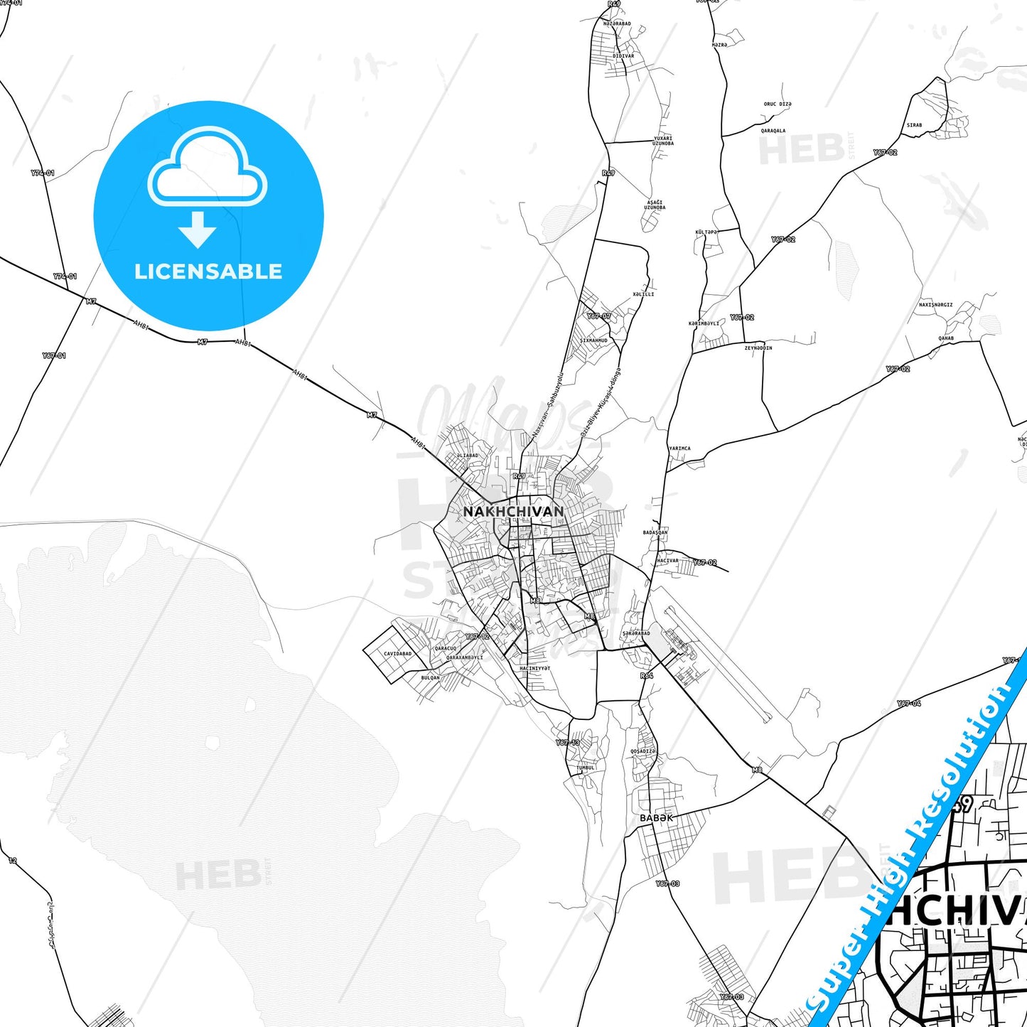 Nakhchivan, Azerbaijan light map with streetnames, citynames and districts