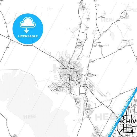 Nakhchivan, Azerbaijan light map with streetnames, citynames and districts