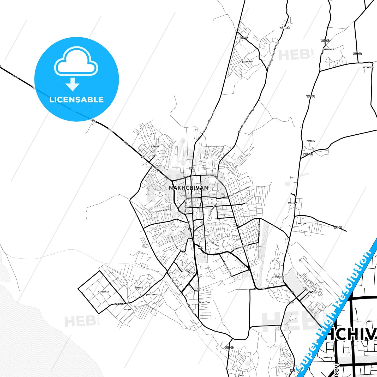 Nakhchivan, Azerbaijan Light Map with Street Names, City Names, and Districts