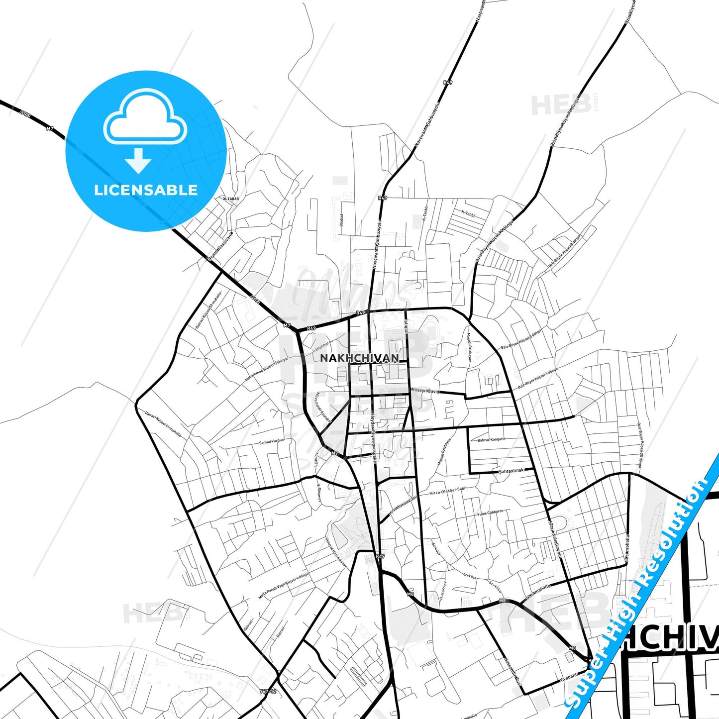 Nakhchivan, Azerbaijan Light Map with Street Names, City Names, and Districts