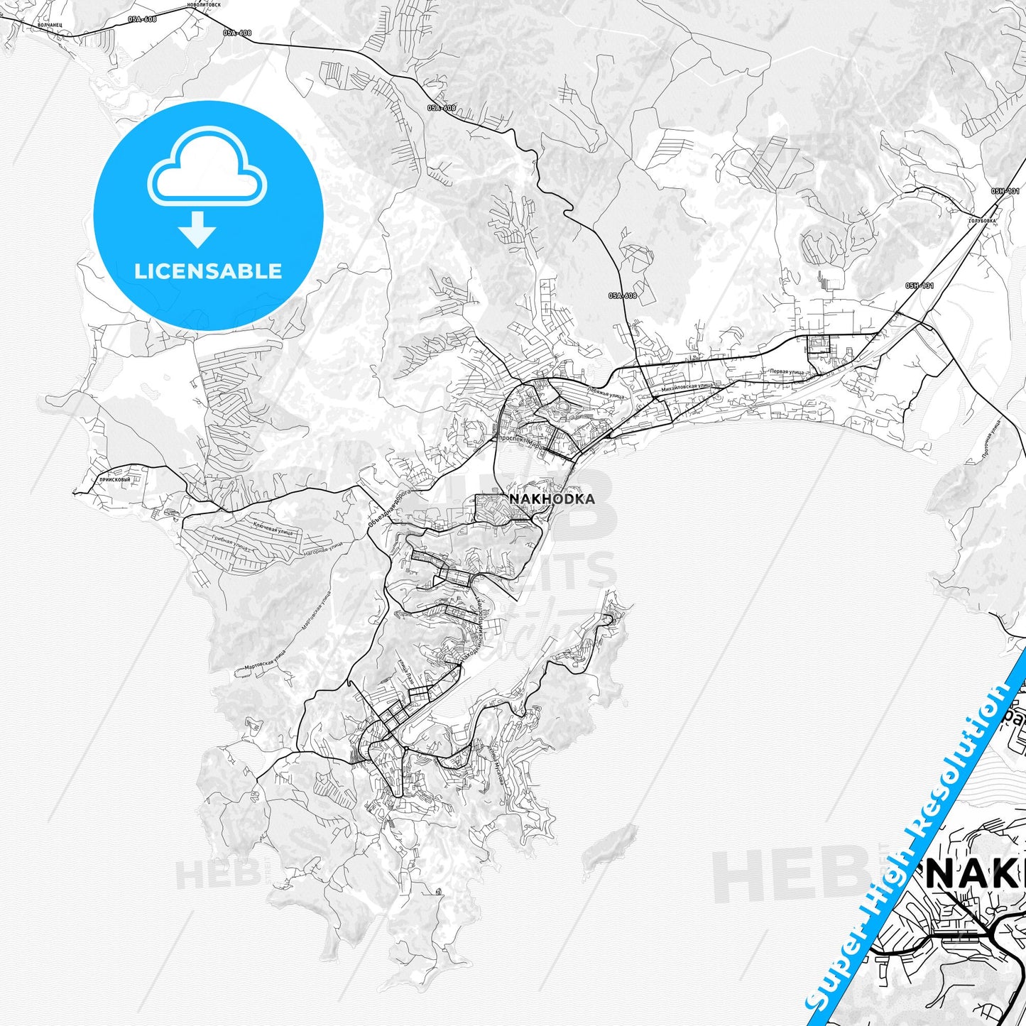 Nakhodka, Russia light map with streetnames, citynames and districts