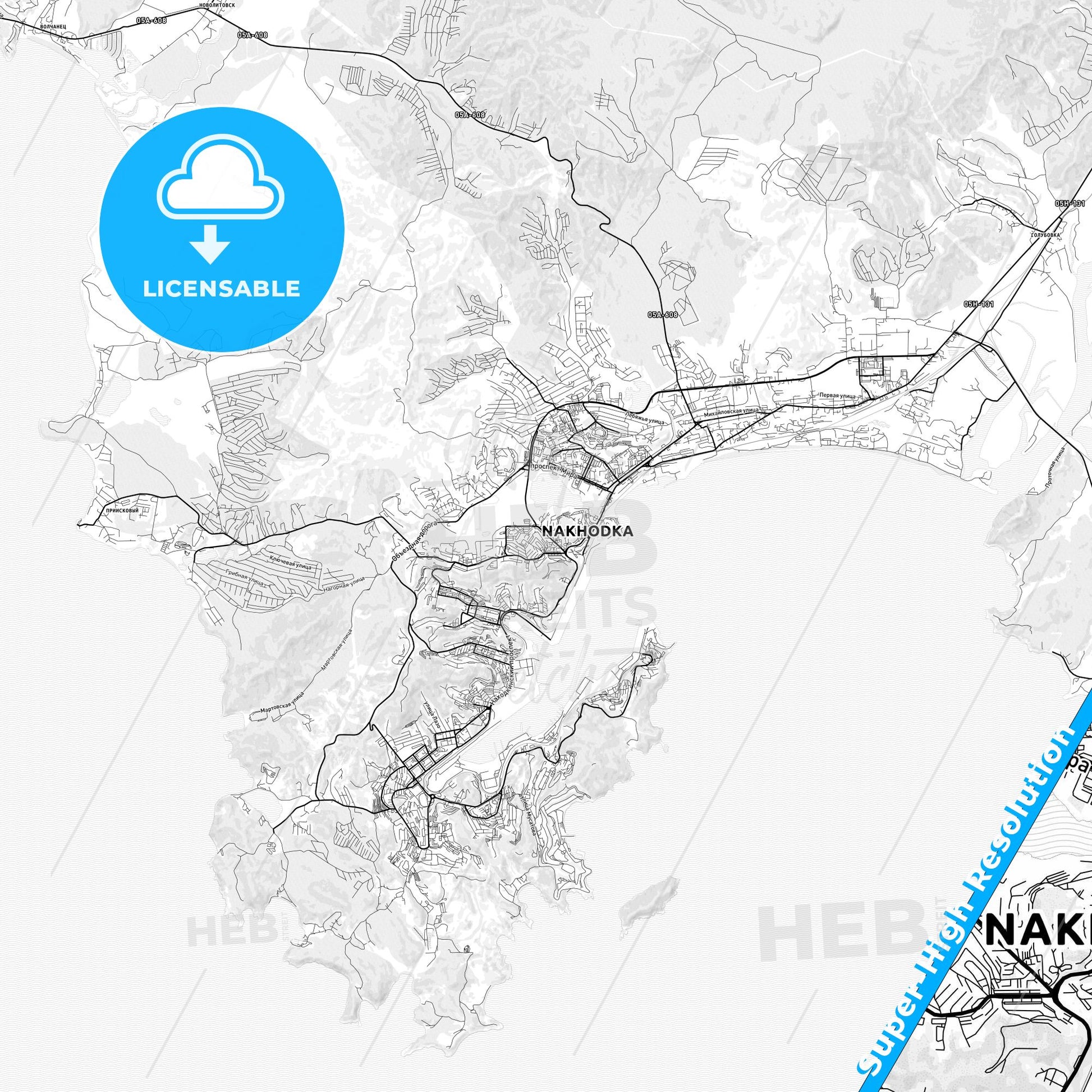 Nakhodka, Russia light map with streetnames, citynames and districts