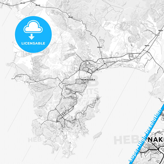 Nakhodka, Russia light map with streetnames, citynames and districts