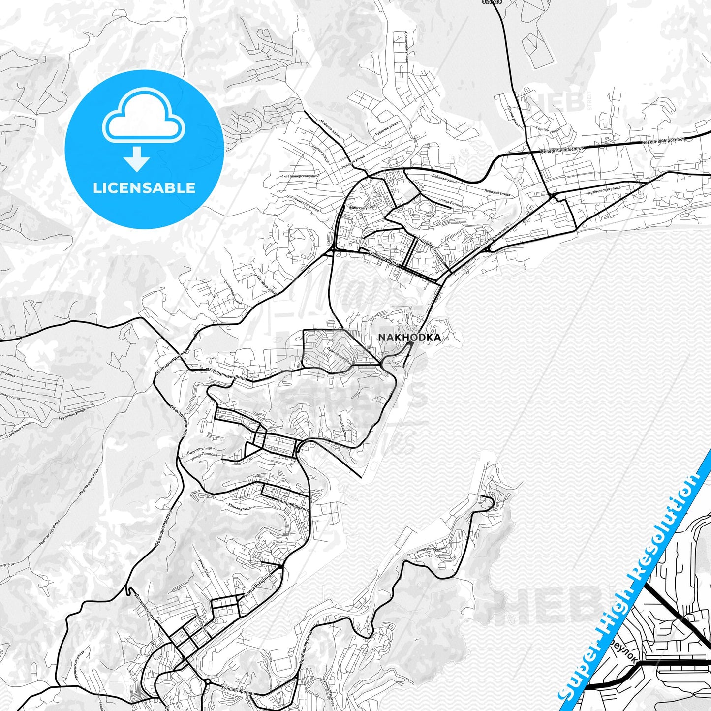 Nakhodka, Russia Light Map with Street Names, City Names, and Districts