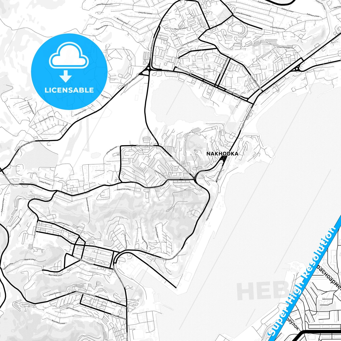Nakhodka, Russia Light Map with Street Names, City Names, and Districts