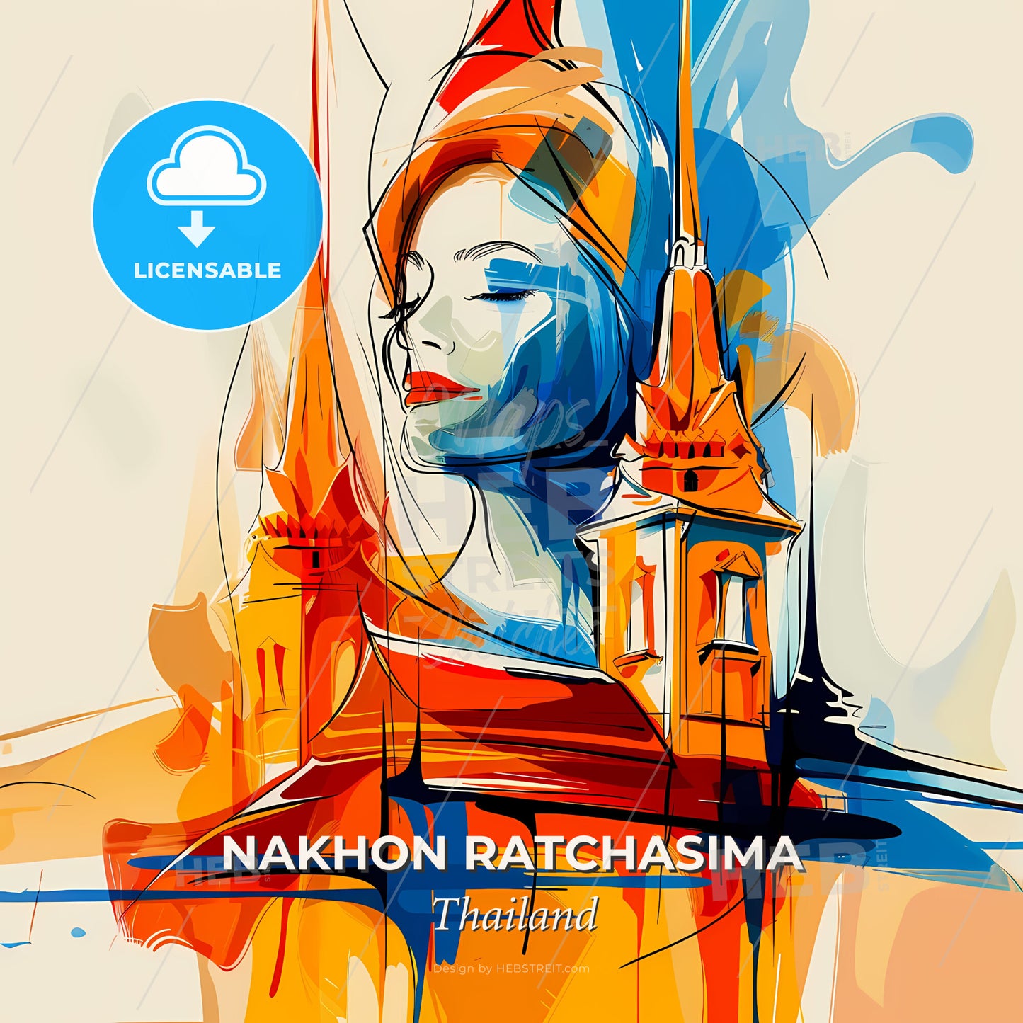 Vibrant Nakhon Ratchasima, Thailand - A Woman With A Hat And A Tower - Square format print template