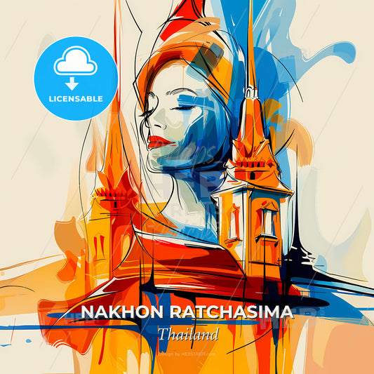 Vibrant Nakhon Ratchasima, Thailand - A Woman With A Hat And A Tower - Square format print template