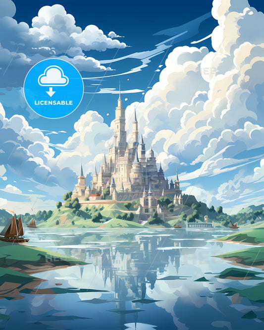 Vibrant Nakhon Ratchasima Thailand Skyline Art Painting with Castle, Water, and Boats