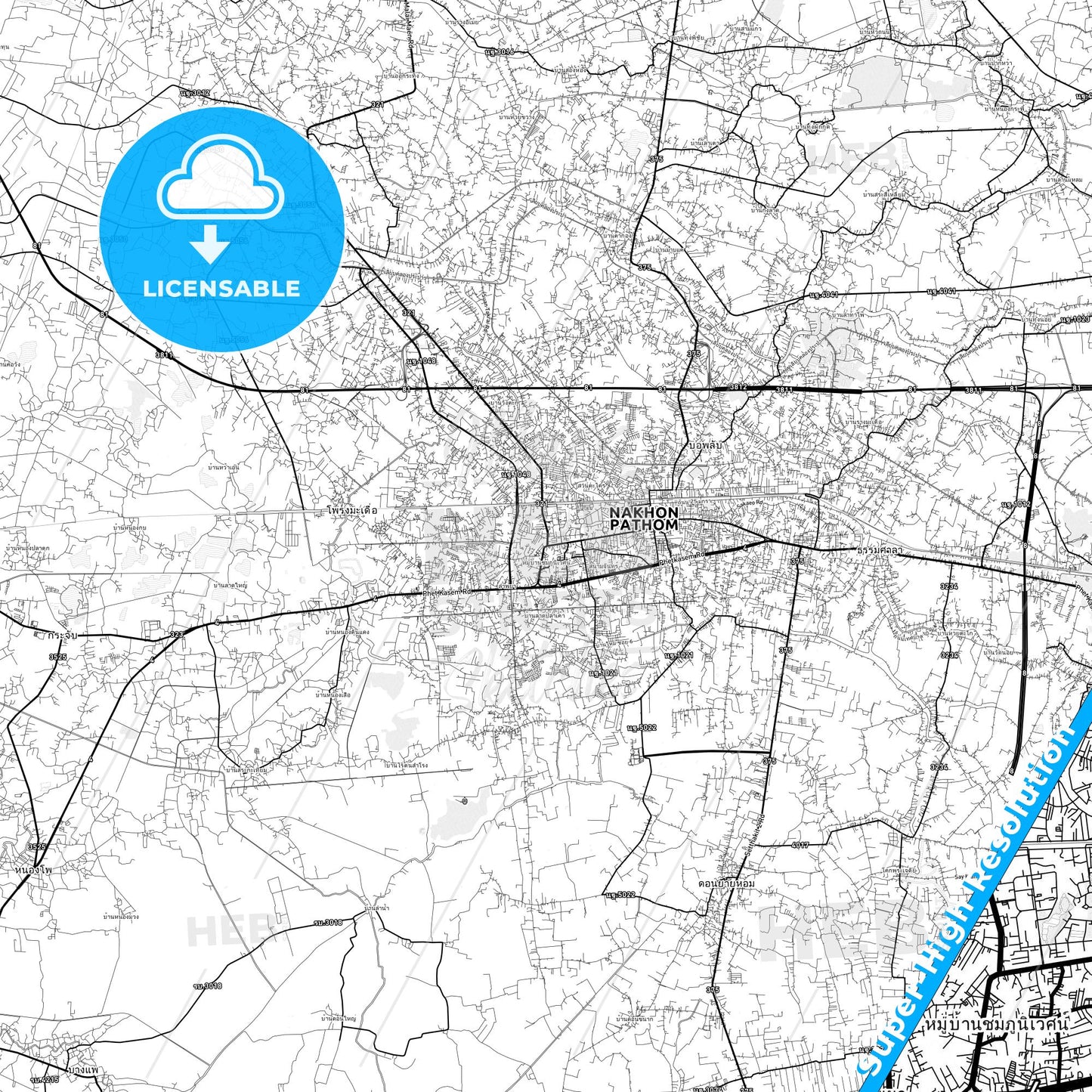 Nakhon Pathom, Thailand light map with streetnames, citynames and districts