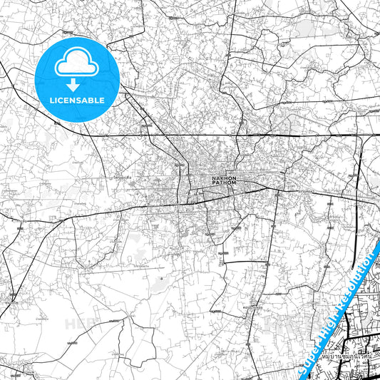 Nakhon Pathom, Thailand light map with streetnames, citynames and districts