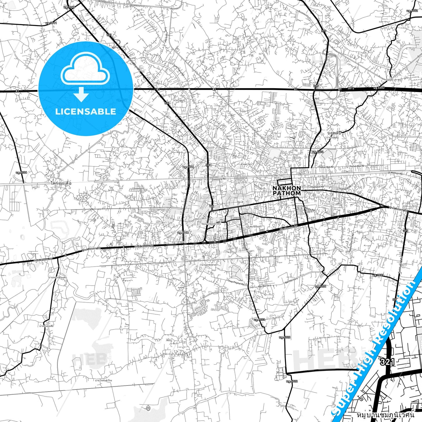 Nakhon Pathom, Thailand Light Map with Street Names, City Names, and Districts
