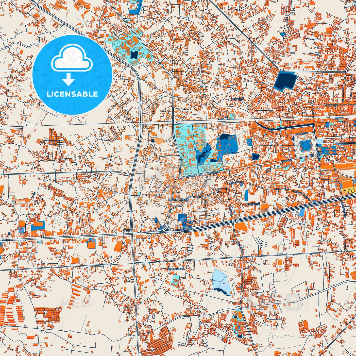 Colorful Nakhon Pathom Street Map with Labels and Buildings