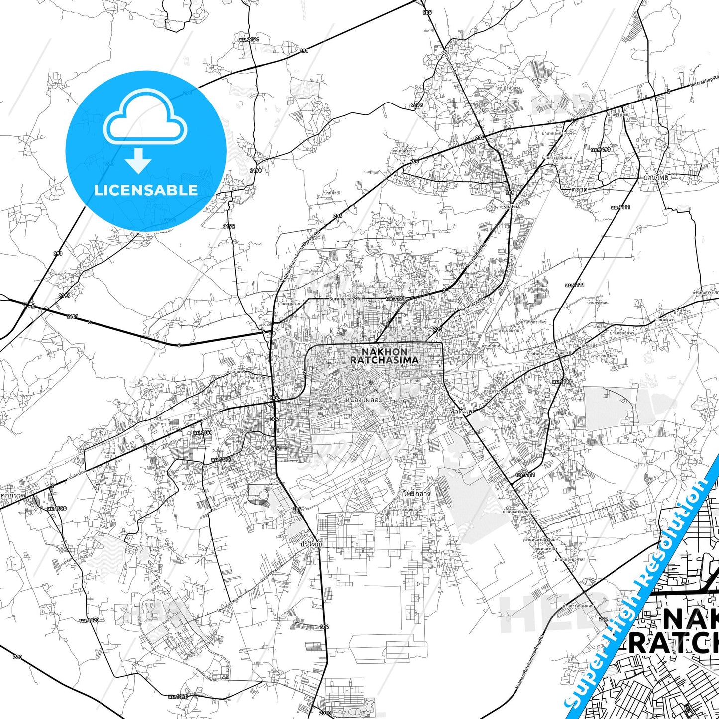 Nakhon Ratchasima, Thailand light map with streetnames, citynames and districts