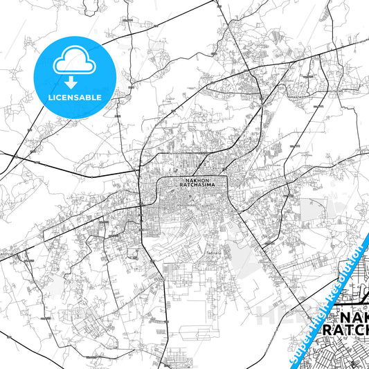 Nakhon Ratchasima, Thailand light map with streetnames, citynames and districts
