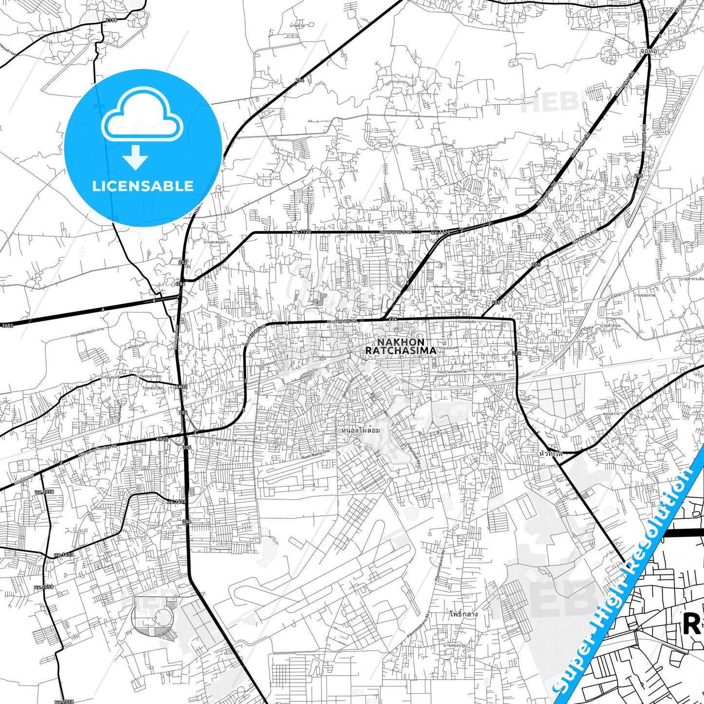 Nakhon Ratchasima, Thailand Light Map with Street Names, City Names, and Districts