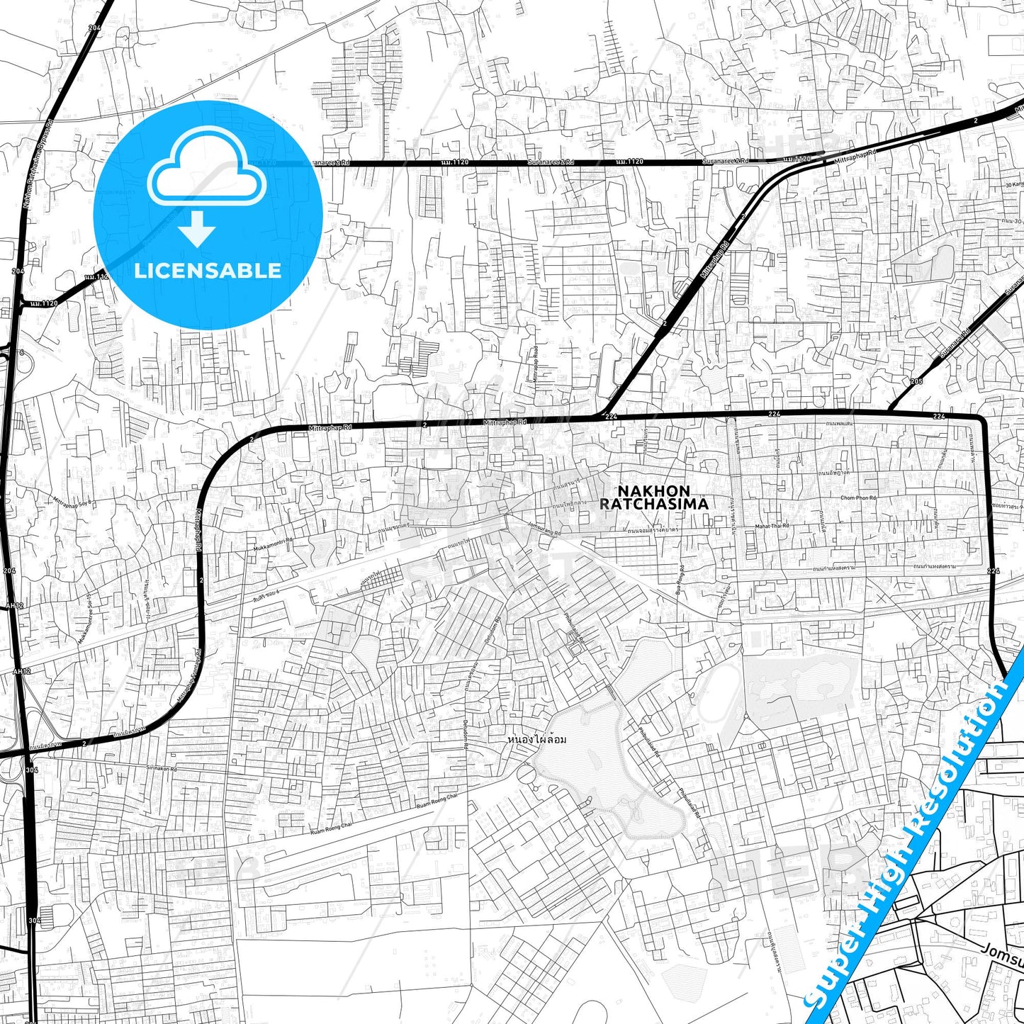 Nakhon Ratchasima, Thailand Light Map with Street Names, City Names, and Districts