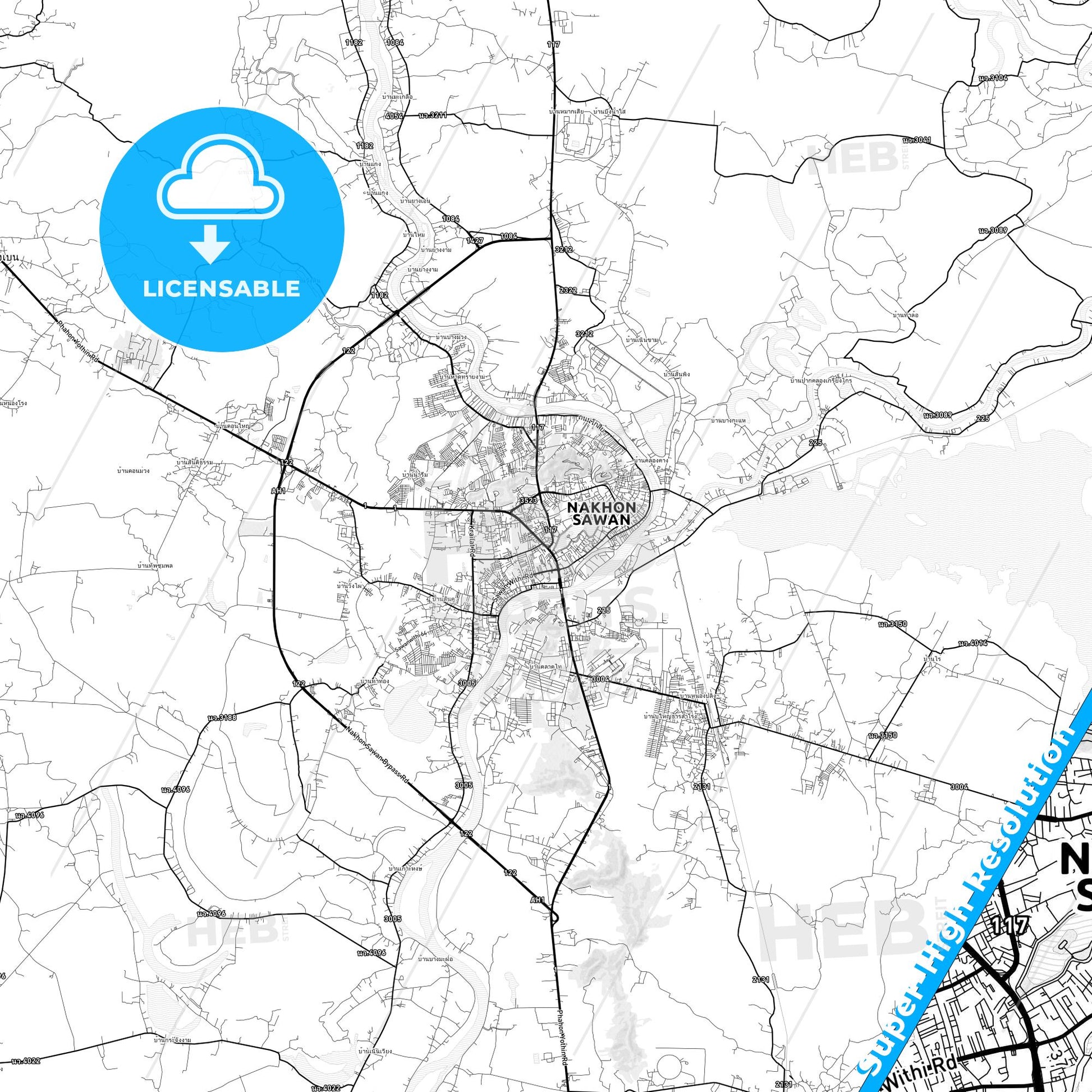 Nakhon Sawan, Thailand light map with streetnames, citynames and districts