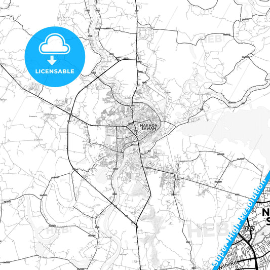 Nakhon Sawan, Thailand light map with streetnames, citynames and districts