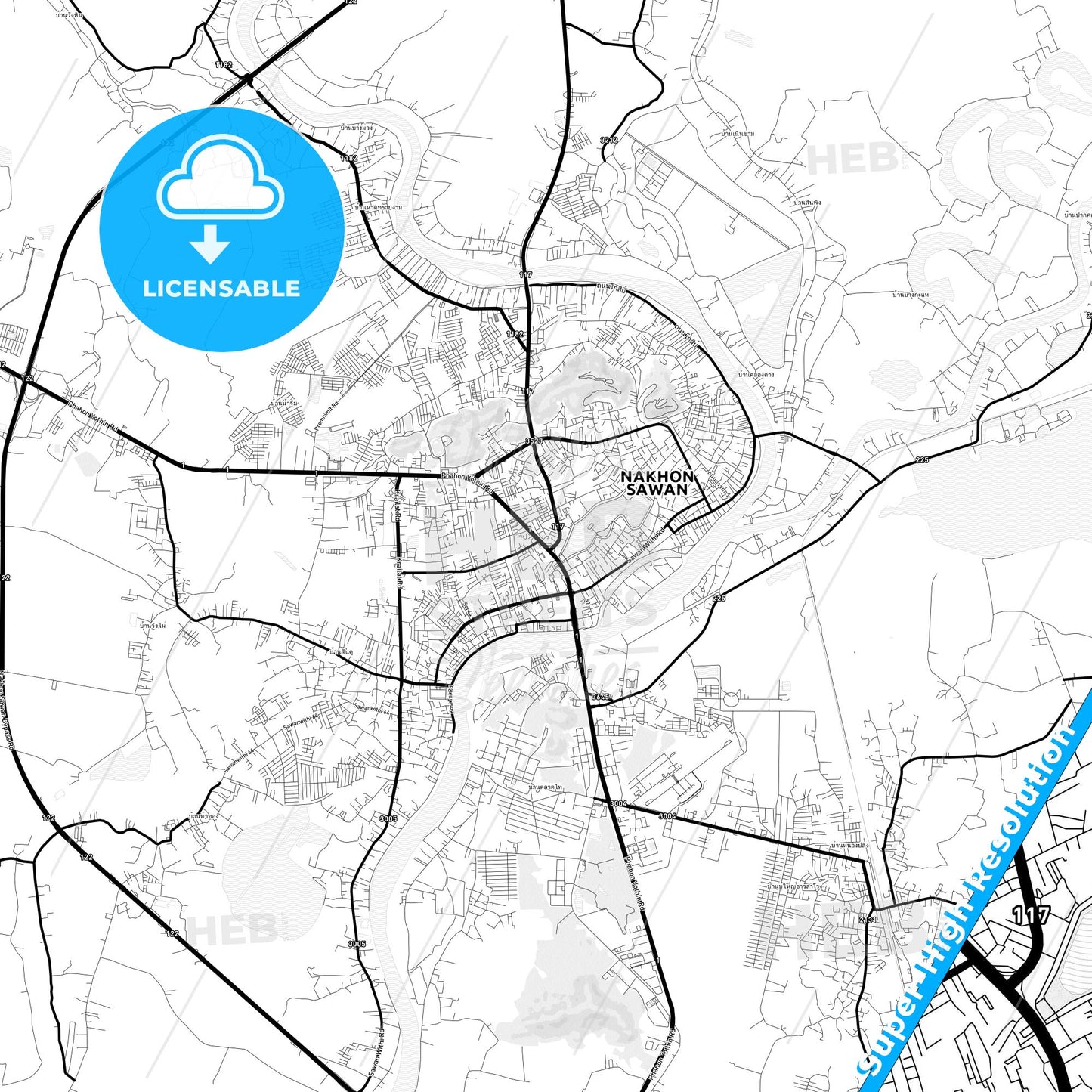 Nakhon Sawan, Thailand Light Map with Street Names, City Names, and Districts