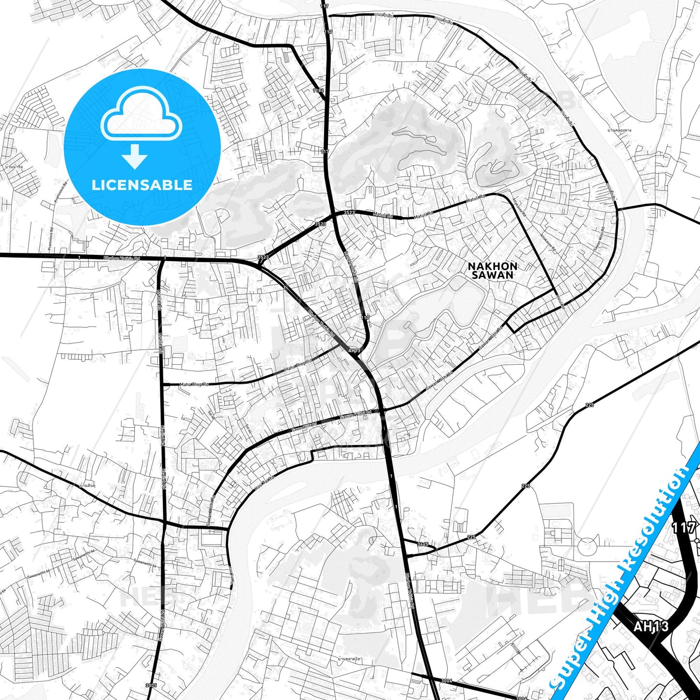 Nakhon Sawan, Thailand Light Map with Street Names, City Names, and Districts