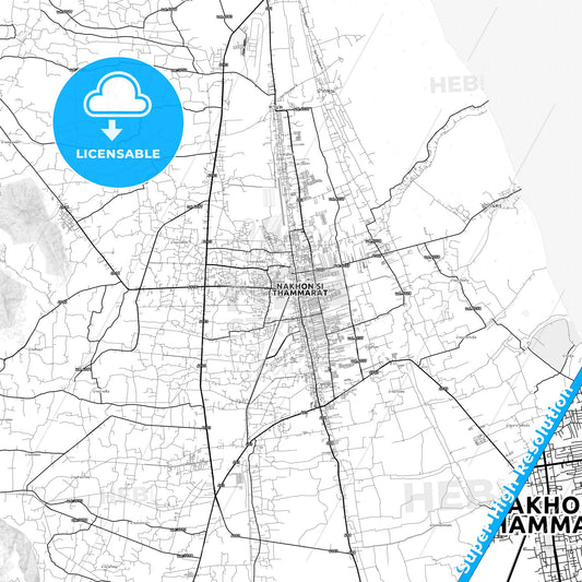 Nakhon Si Thammarat, Thailand light map with streetnames, citynames and districts
