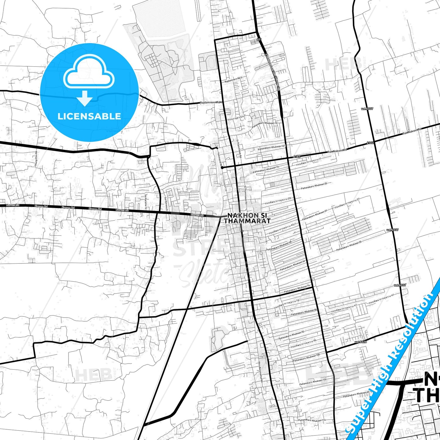 Nakhon Si Thammarat, Thailand Light Map with Street Names, City Names, and Districts