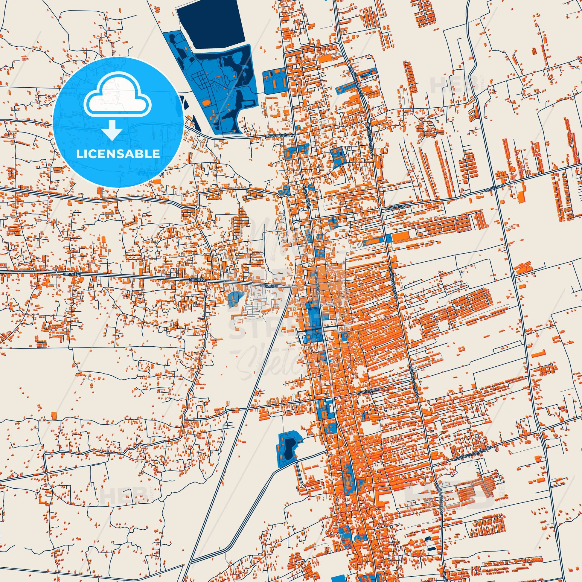 Colorful Nakhon Si Thammarat Street Map with Labels and Buildings