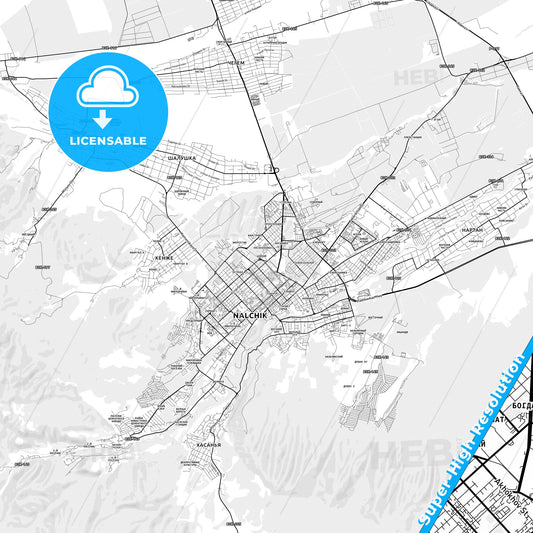 Nalchik, Russia light map with streetnames, citynames and districts