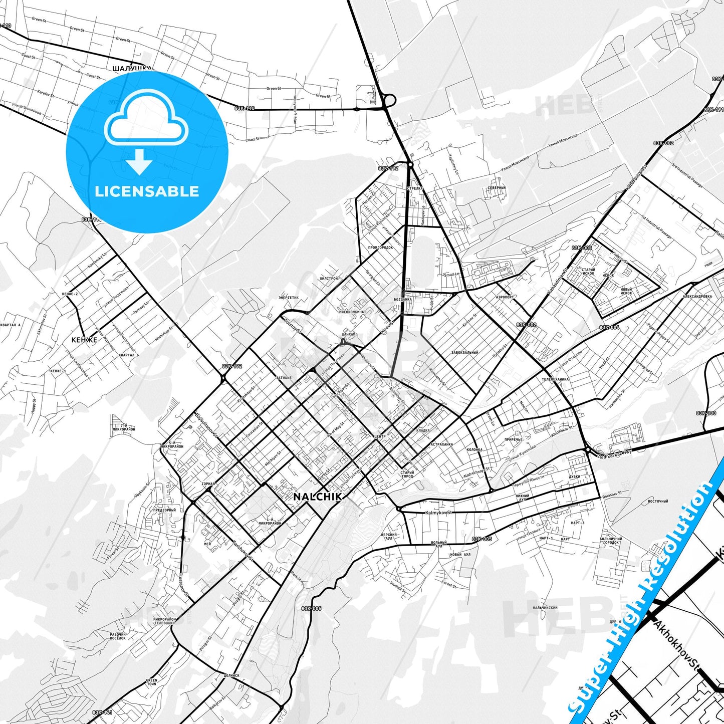 Nalchik, Russia Light Map with Street Names, City Names, and Districts
