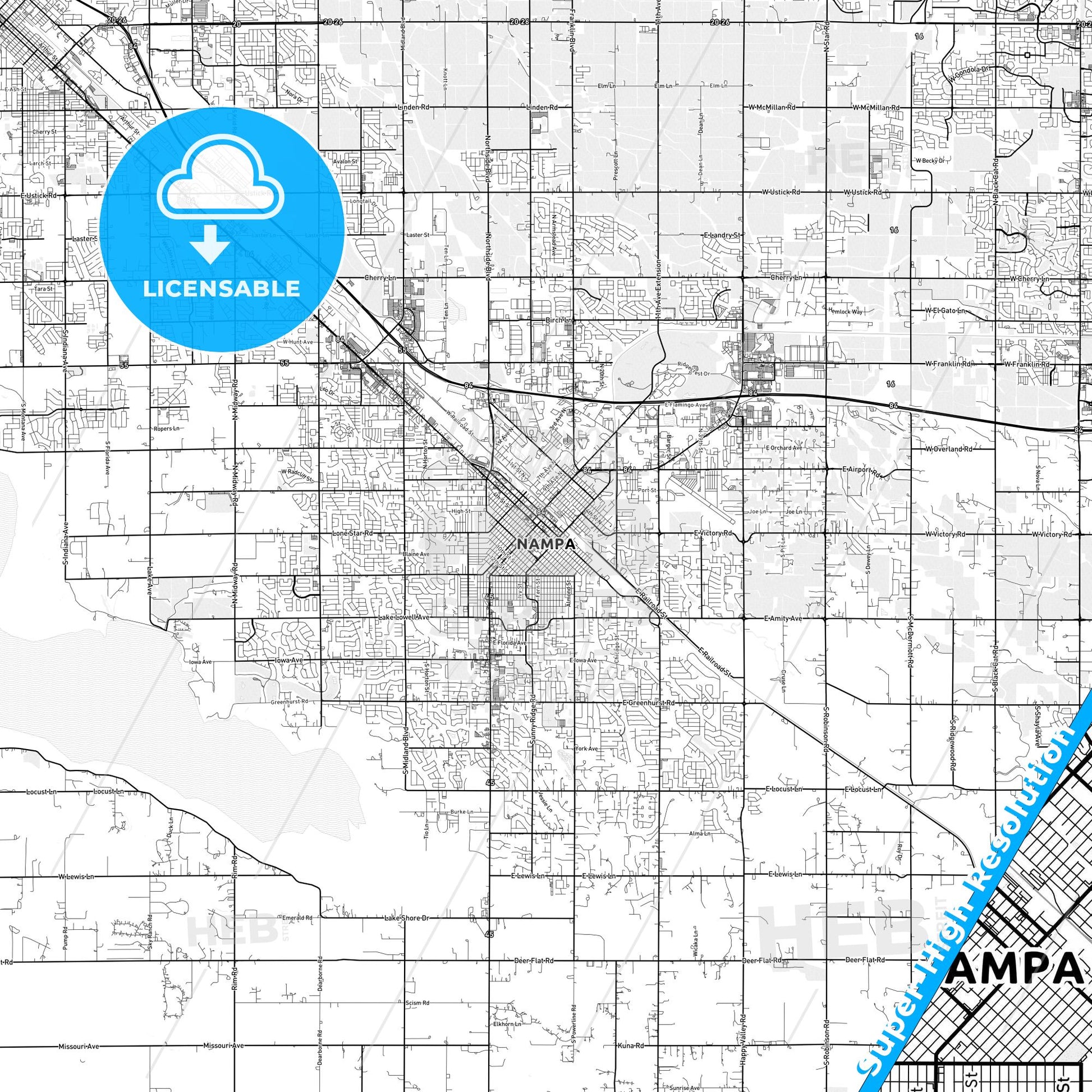 Nampa, Idaho light map with streetnames, citynames and districts