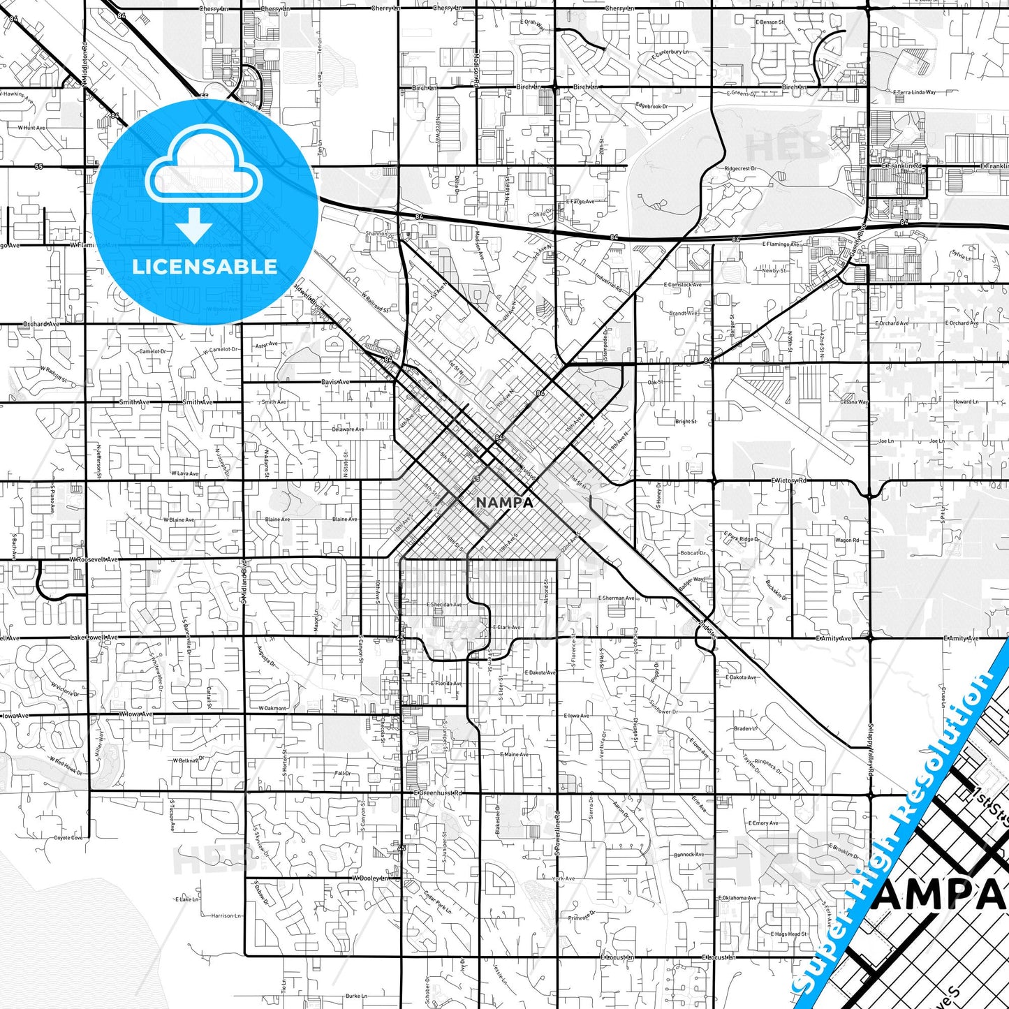 Nampa, Idaho Light Map with Street Names, City Names, and Districts