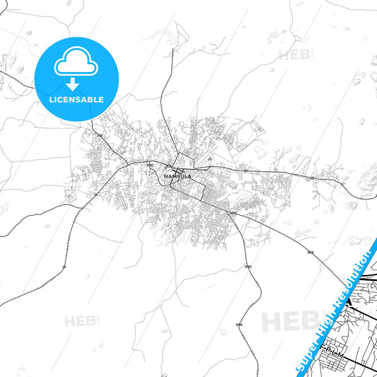 Nampula, Mozambique light map with streetnames, citynames and districts