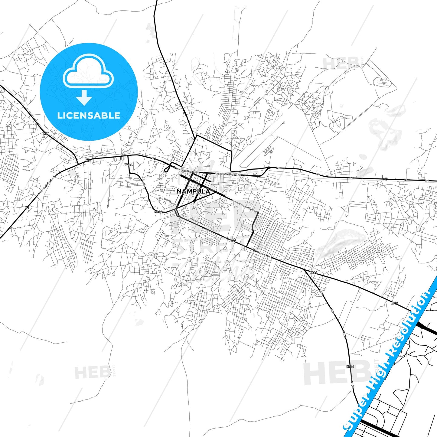 Nampula, Mozambique Light Map with Street Names, City Names, and Districts