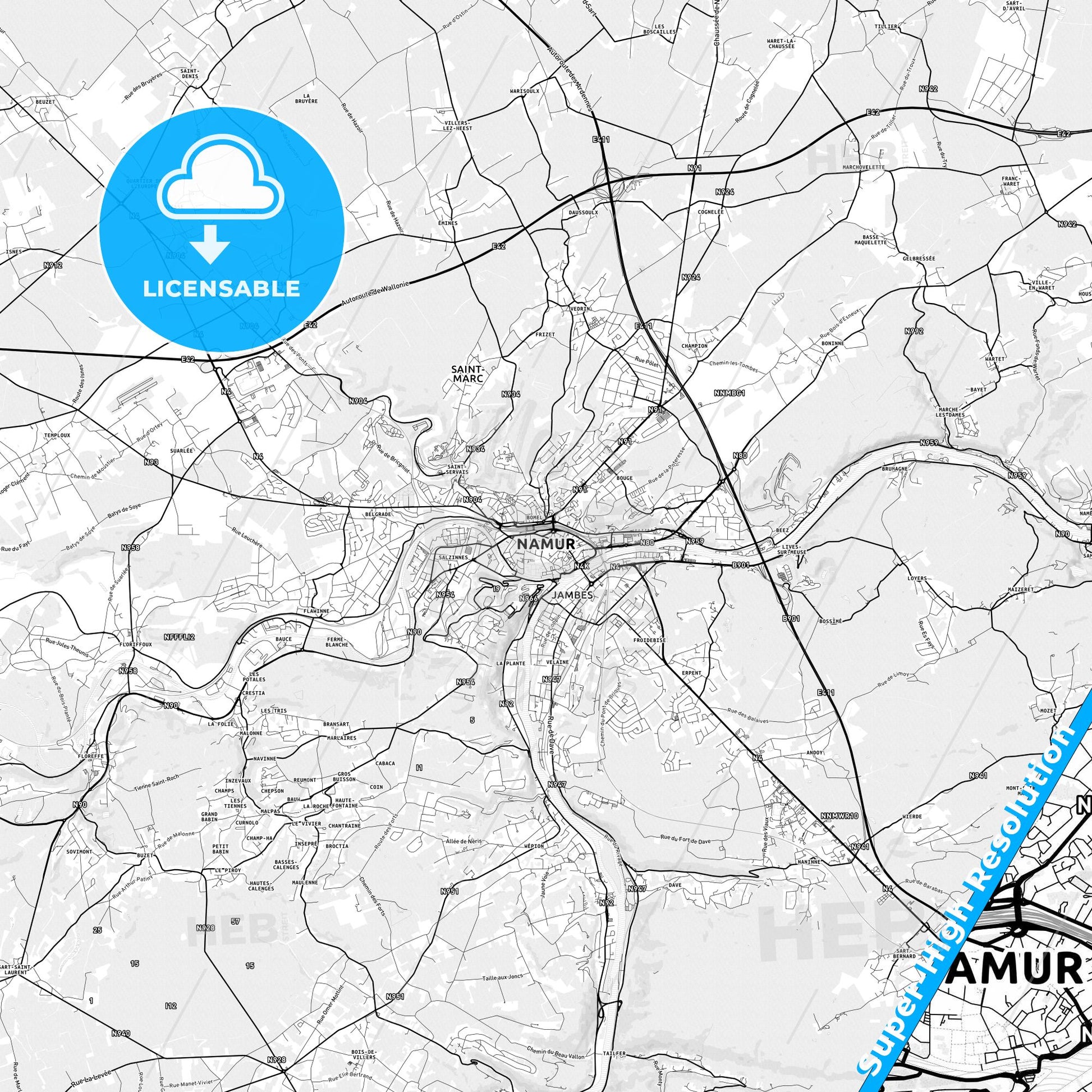Namur, Belgium light map with streetnames, citynames and districts