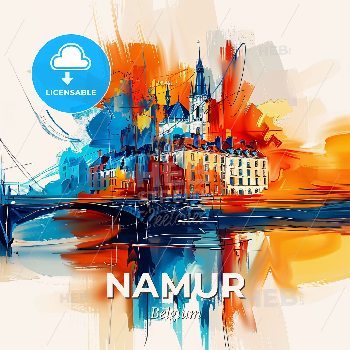 Vibrant Namur , Belgium - A Painting Of A City With A Bridge And A Bridge - Square format print template