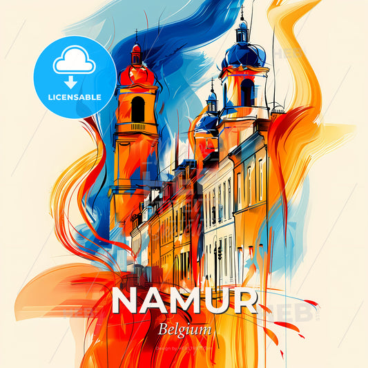 Vibrant Namur , Belgium - A Painting Of A Building With Towers And A Street - Square format print template