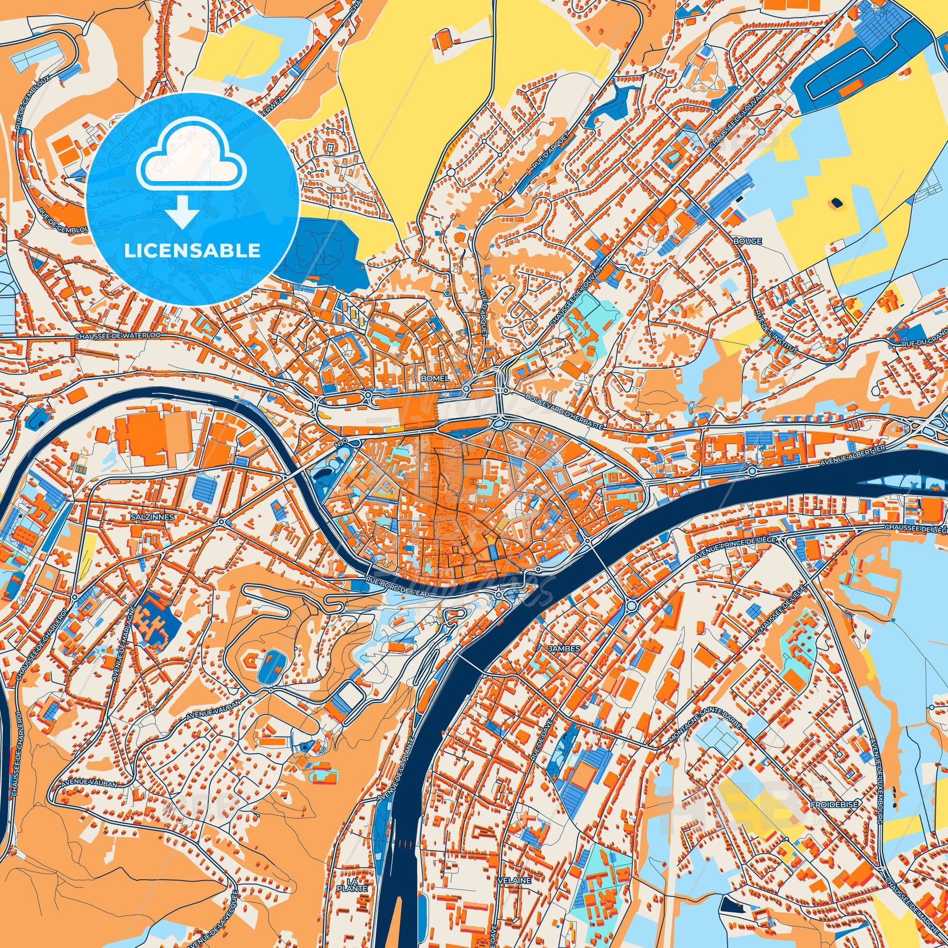 Colorful Namur Street Map with Labels and Buildings