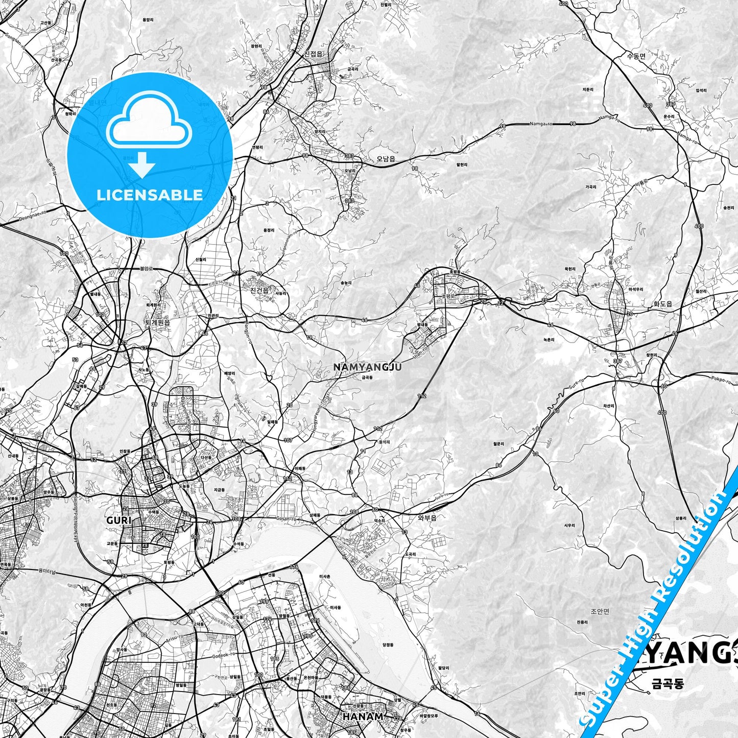 Namyangju, South Korea light map with streetnames, citynames and districts