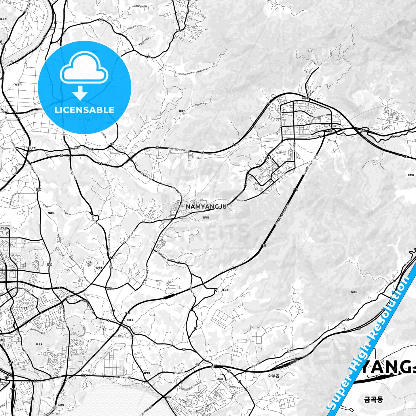 Namyangju, South Korea Light Map with Street Names, City Names, and Districts