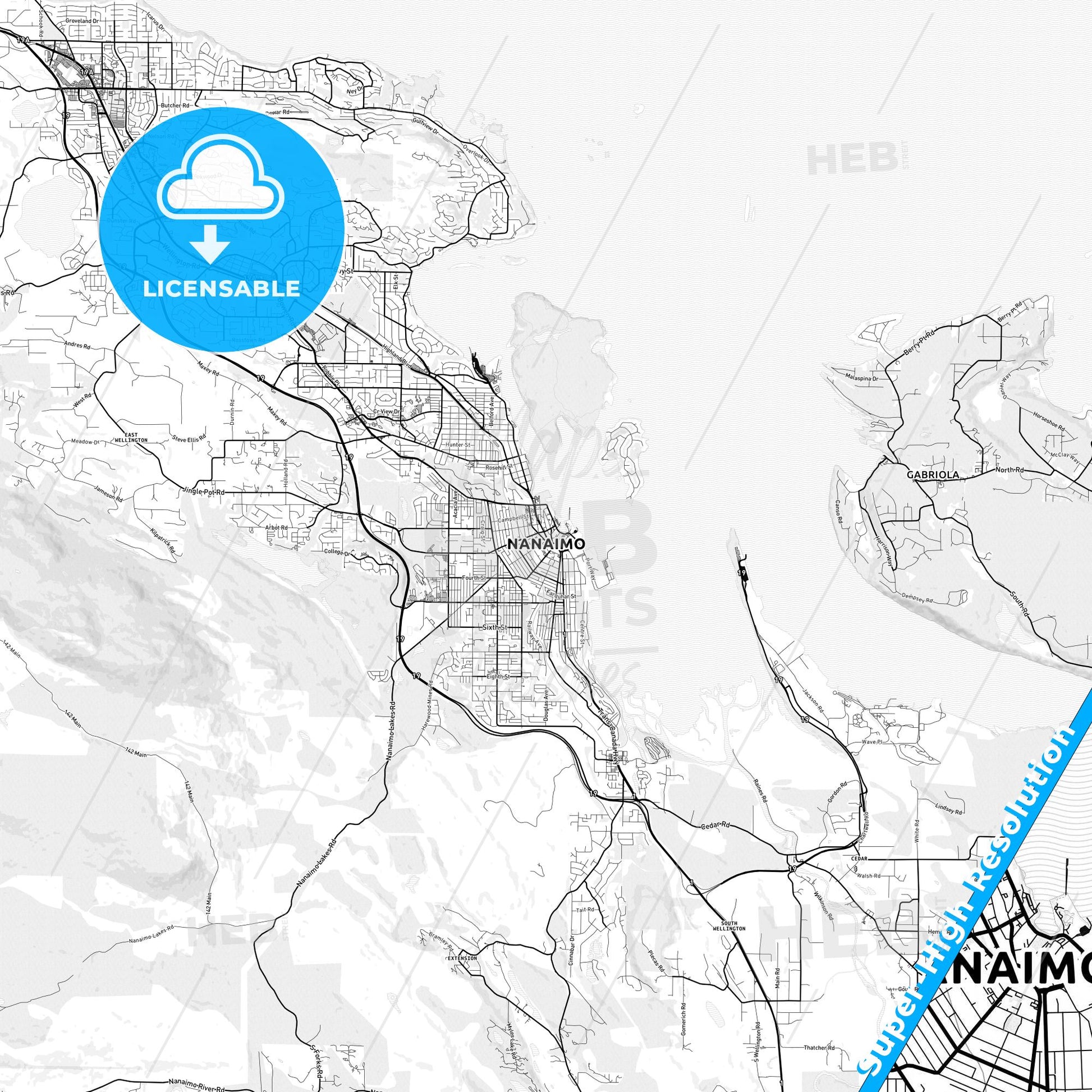 Nanaimo, Canada light map with streetnames, citynames and districts