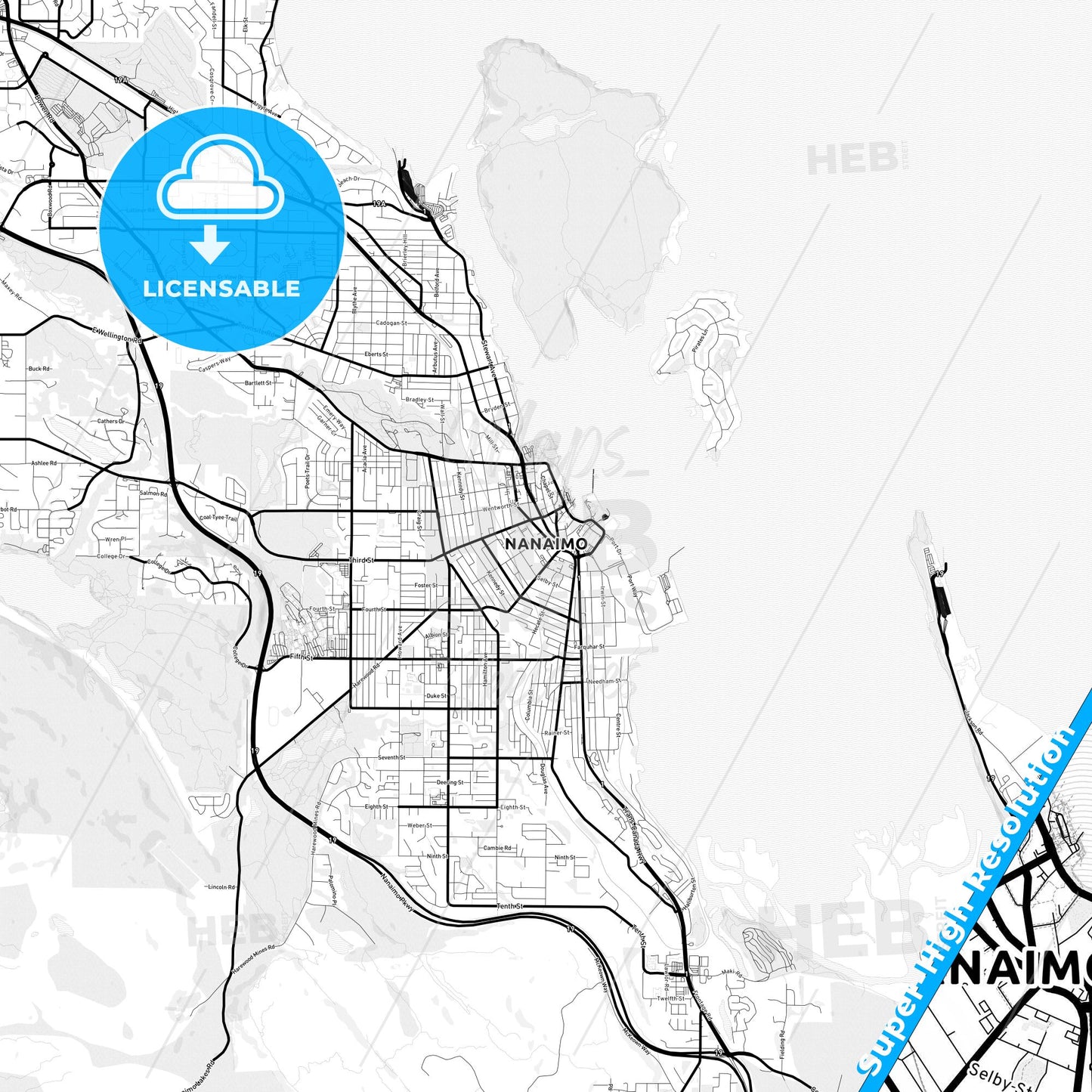 Nanaimo, Canada Light Map with Street Names, City Names, and Districts