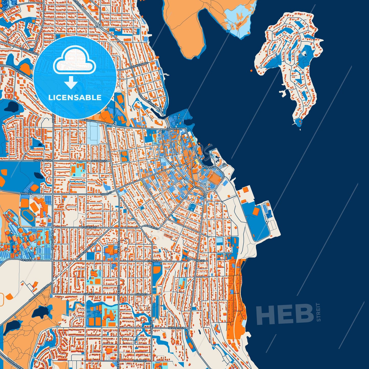 Colorful Nanaimo Street Map with Labels and Buildings