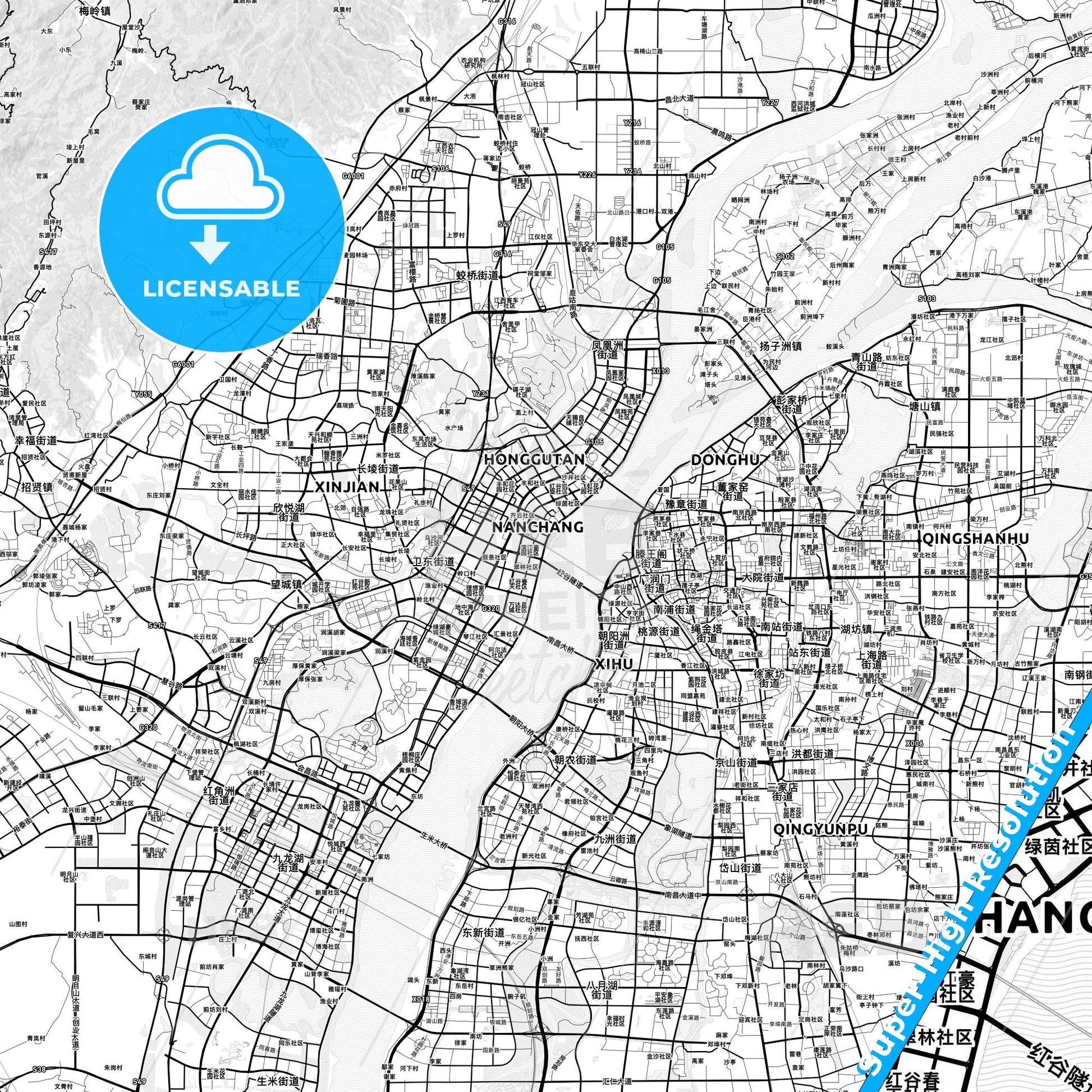 Nanchang, China light map with streetnames, citynames and districts