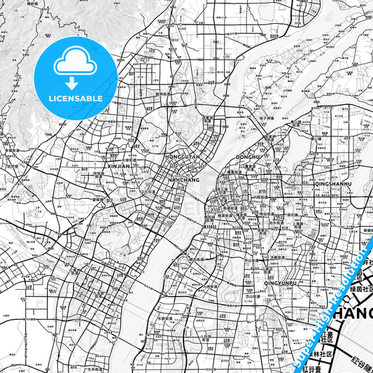Nanchang, China light map with streetnames, citynames and districts