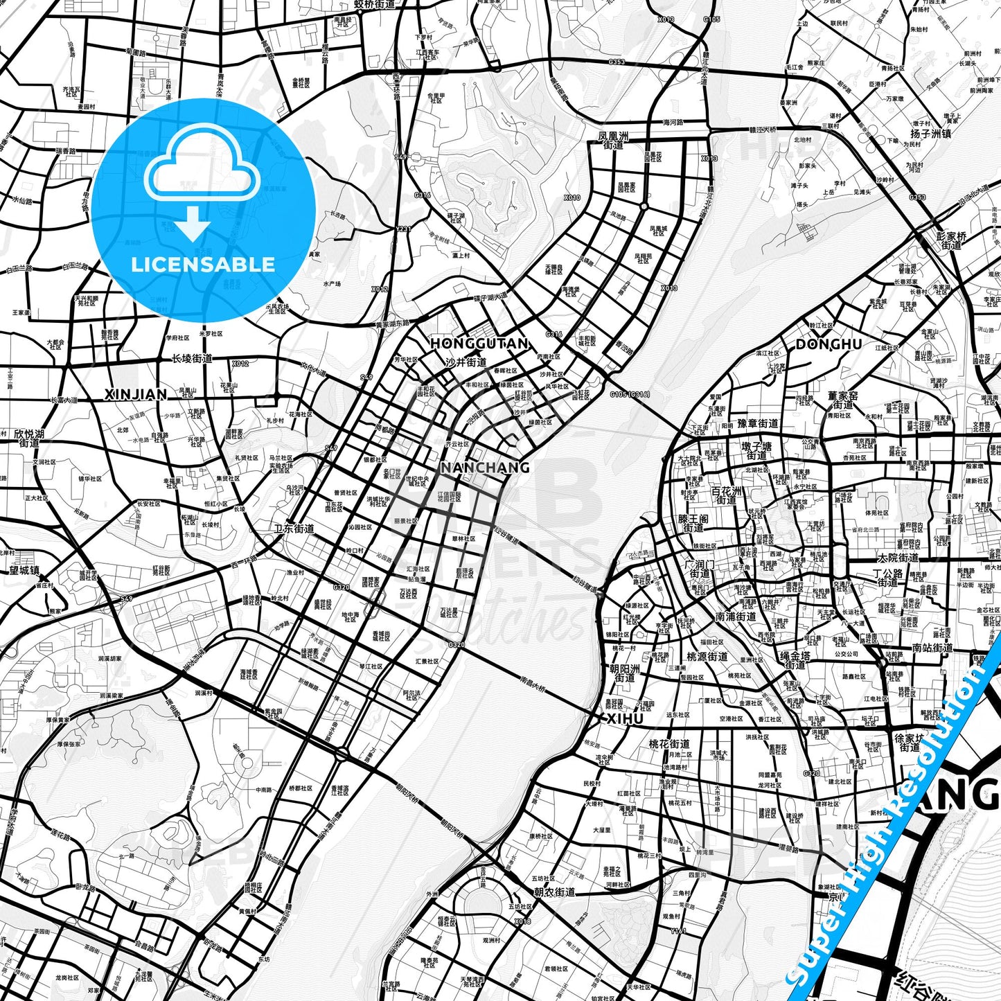 Nanchang, China Light Map with Street Names, City Names, and Districts