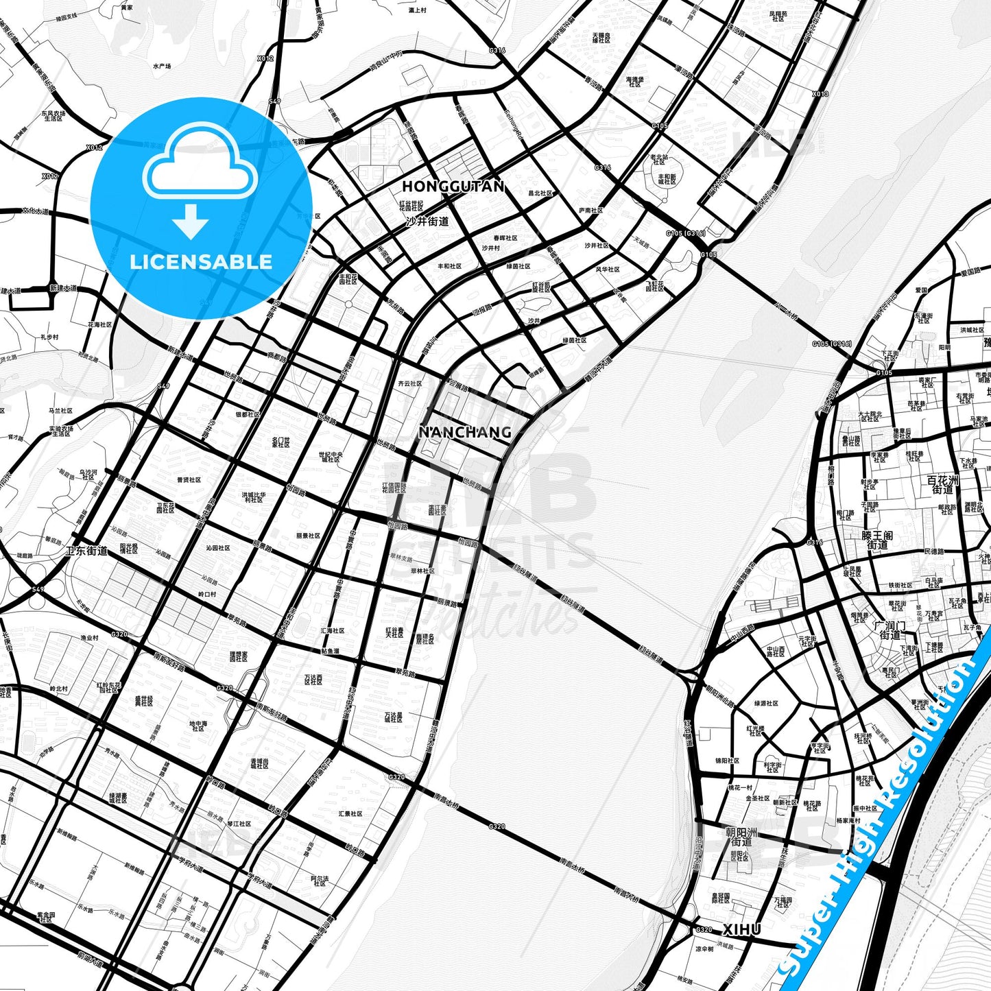 Nanchang, China Light Map with Street Names, City Names, and Districts