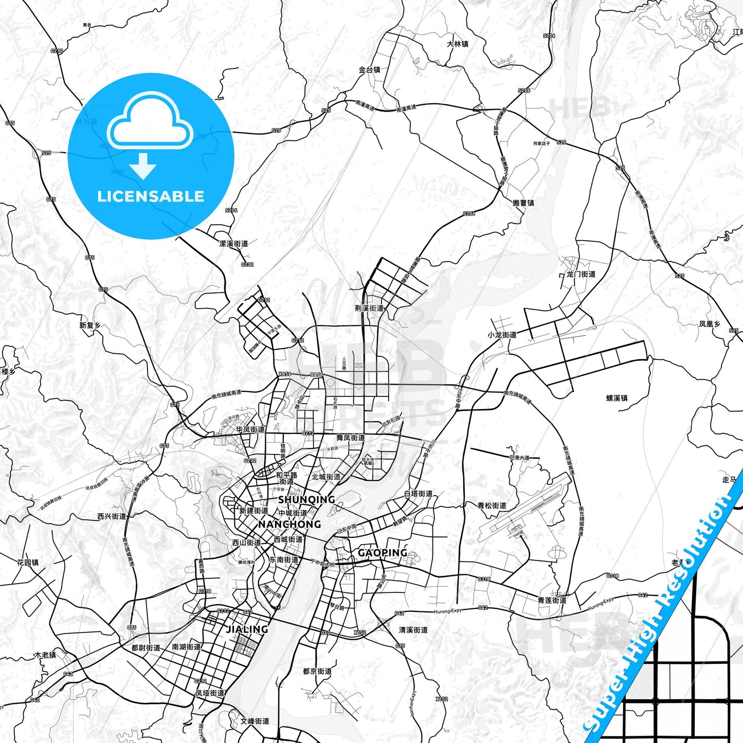 Nanchong, China light map with streetnames, citynames and districts
