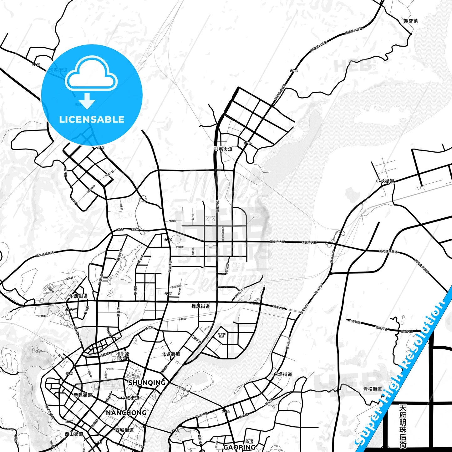 Nanchong, China Light Map with Street Names, City Names, and Districts