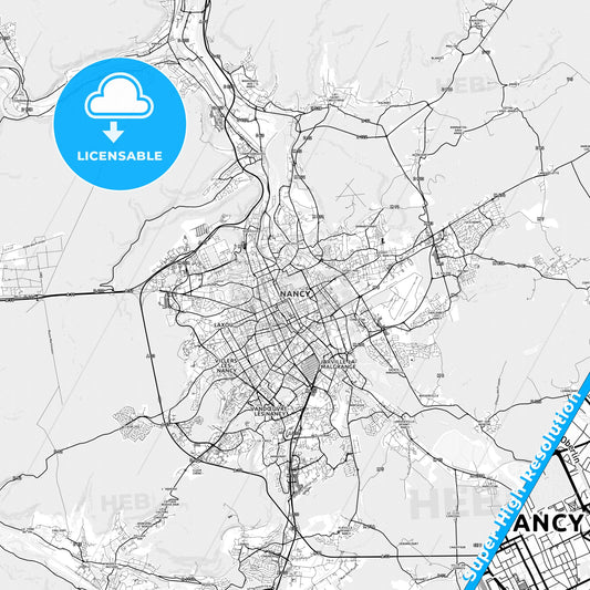Nancy, France light map with streetnames, citynames and districts